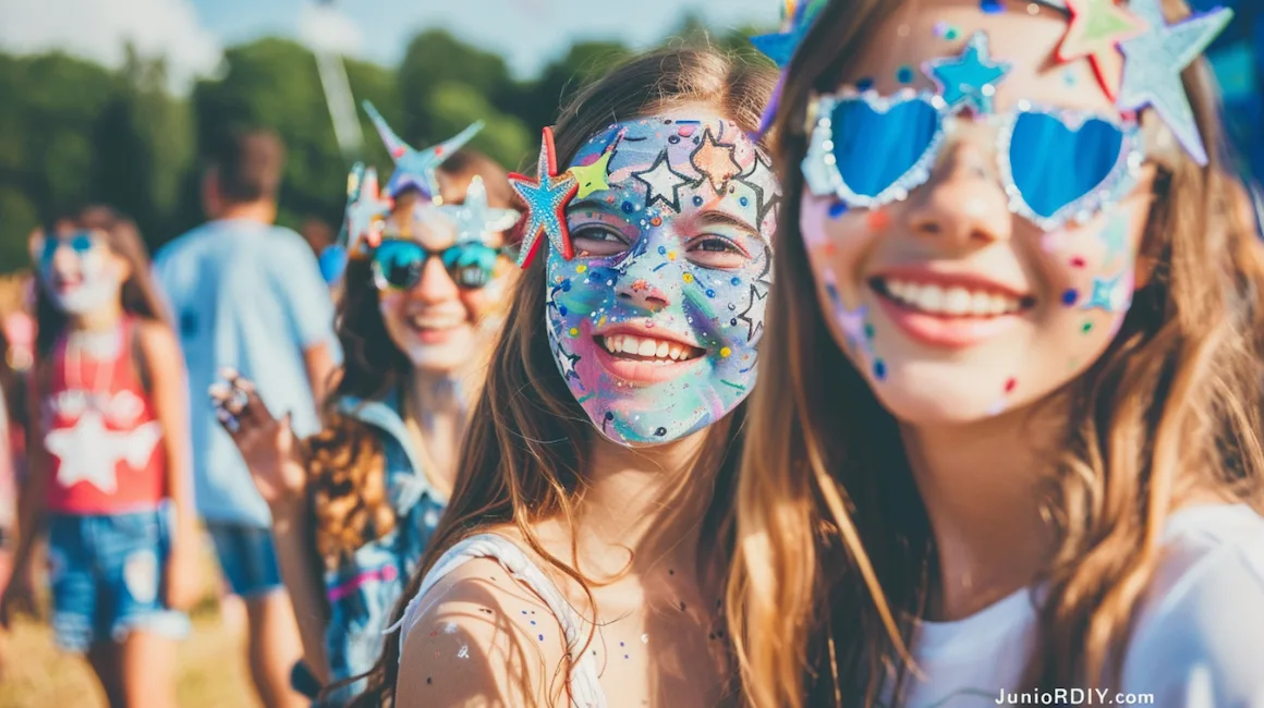 Smiling teenagers at an outdoor event with creative, colorful face paint designs featuring stars, glitter, and festival patterns—fun inspiration for face paint ideas for teens.