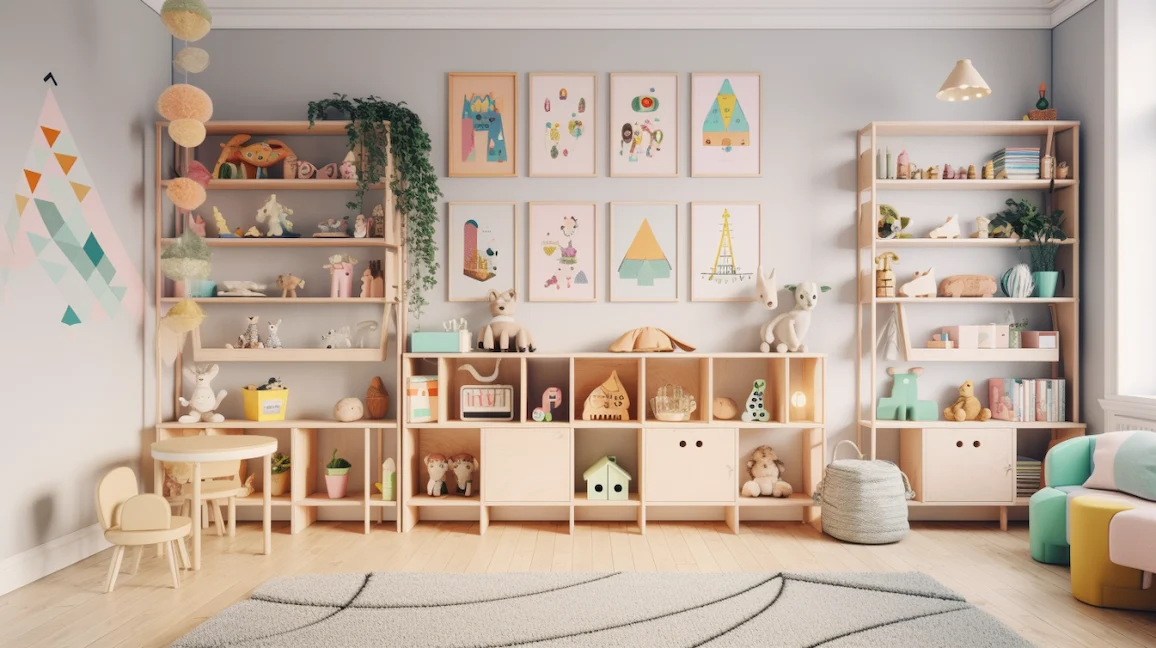 DIY wood kids storage shelf with playful decor, toys, books, and pastel colors in a cozy child's room.
