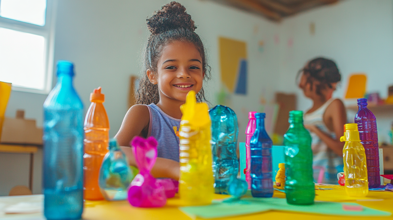 Upcycling projects for kids with a smiling girl crafting using recycled plastic bottles