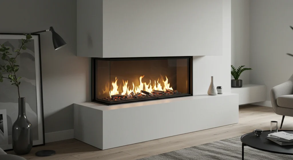 Modern diy built in fireplace with sleek black frame and clean lines.
