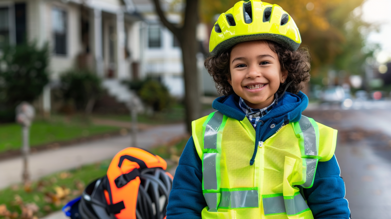 Smiling child wearing a bright kids safety vest and helmet, standing near a sidewalk with a school backpack.