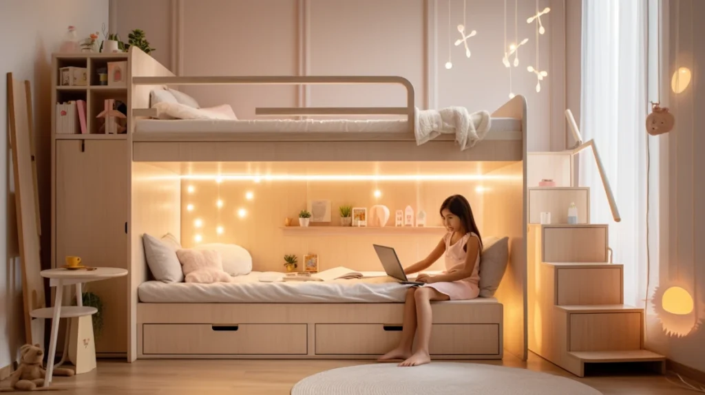 “Girl sitting on a lower bunk of a DIY bunk bed with stairs, modern kids' bedroom, built-in drawer steps, safe and space-saving furniture design.”