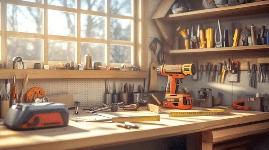 Essential tools and materials on a workbench, including a power drill, tape measure, wood, and hand tools, for building a diy twin over full bunk bed.
