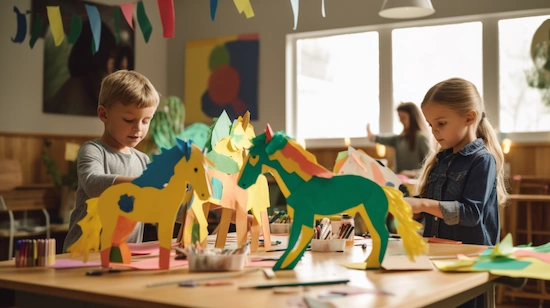 Children creating colorful horse art projects with paper and paints in a bright classroom setting