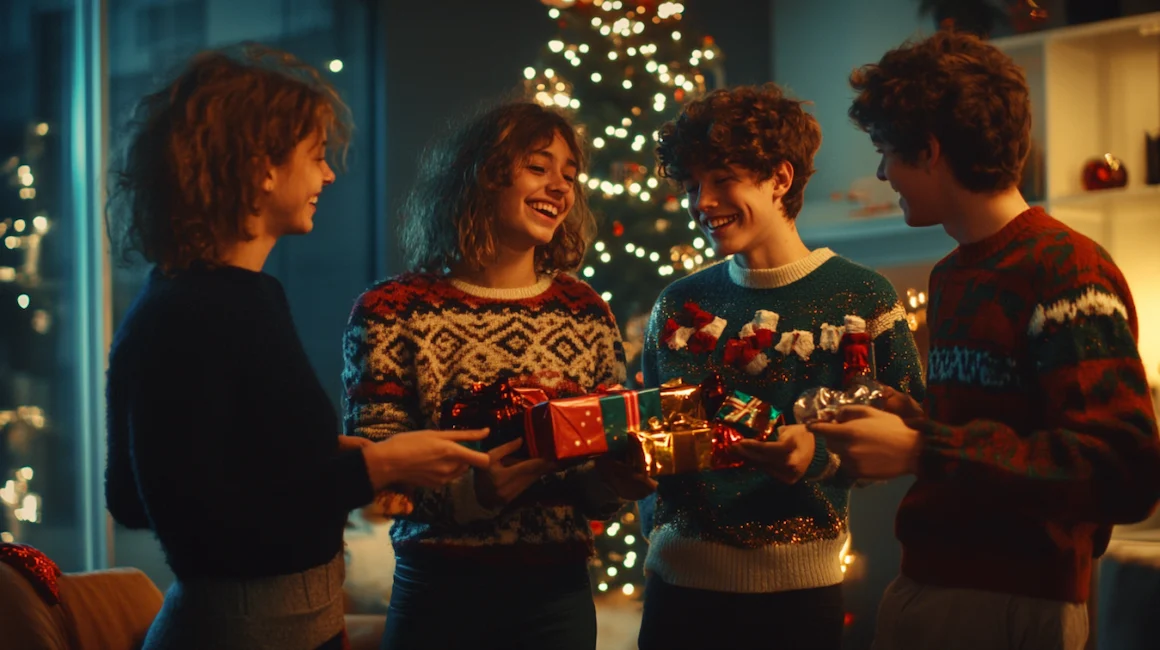 Group of teenagers exchanging Christmas gifts and smiling at a festive holiday party, Christmas tree in the background, Christmas party ideas for teens.