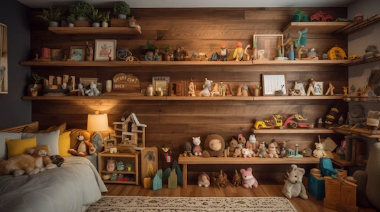 Rustic floating shelves made of reclaimed wood displaying colorful toys, books, and plush animals in a cozy children's bedroom.

