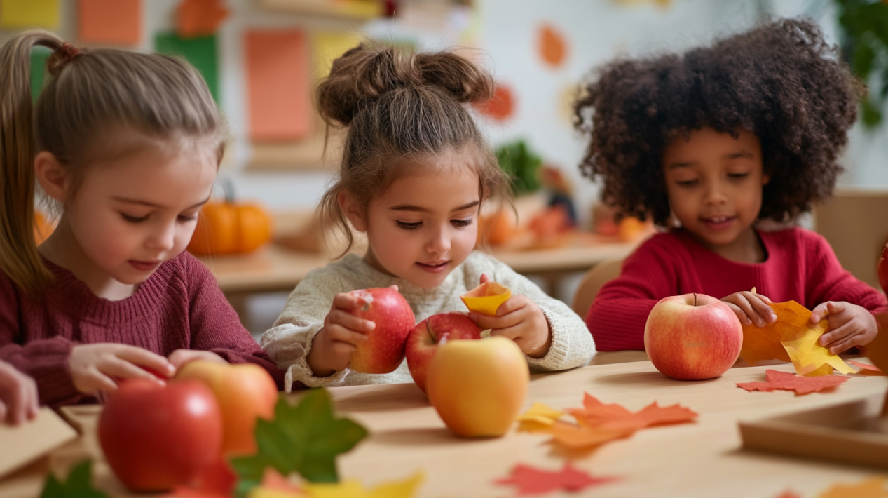 Why apple crafts for preschoolers are perfect for fall learning – kids using apples and autumn leaves at a craft table