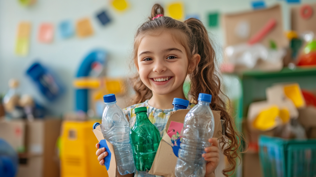 Why upcycling projects for kids are important – girl displaying upcycled crafts with recycled bottles and cardboard