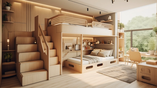Modern DIY bunk bed with stairs in a bright kids’ bedroom, featuring built-in drawers, dual sleeping areas, and clean wood shelving for organized storage.
