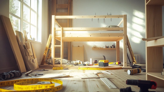 Partially built diy twin over full bunk bed in a sunlit workshop, with tools, tape measures, and wood on the floor, showing step-by-step construction.