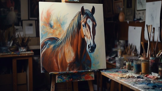 Close-up of a detailed horse painting on an easel in an artist’s studio with colorful paints and brushes around