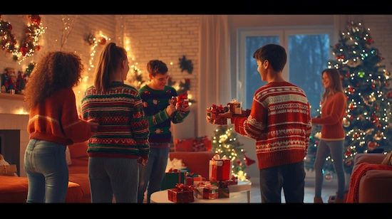 Teens in festive sweaters exchanging gifts at a trendy Christmas party in a cozy living room with Christmas lights, decorations, and a Christmas tree.
