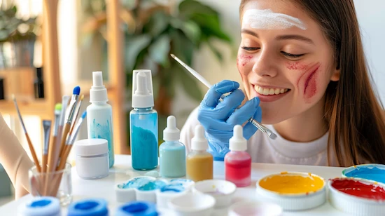 Teen girl having face paint applied using essential tools & safety tips for teen face painting, with hypoallergenic paints, clean brushes, and sanitizing wipes neatly arranged.