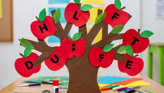 Apple crafts for preschoolers—paper apple tree with red apple cutouts, each with a letter, spelling names for a creative classroom craft.
