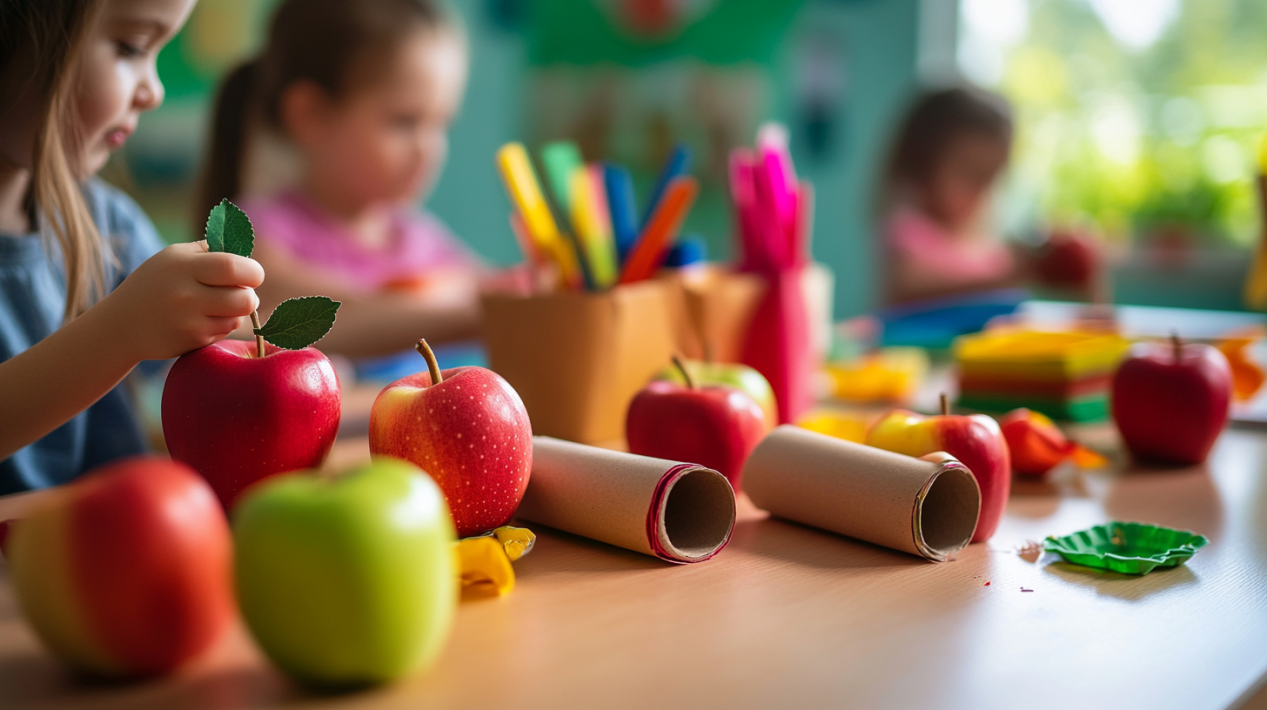 Easy apple crafts for preschoolers using everyday materials – kids making apple crafts with paper rolls and egg cartons