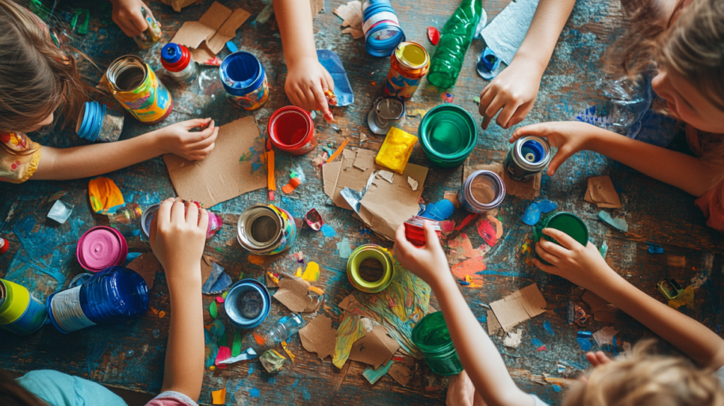 Upcycling with common household items – kids’ hands creating crafts from bottles, cans, and cardboard
