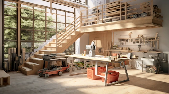 Bright workshop setup with woodworking tools and materials, ideal for building DIY bunk beds with stairs, featuring natural light and organized space.