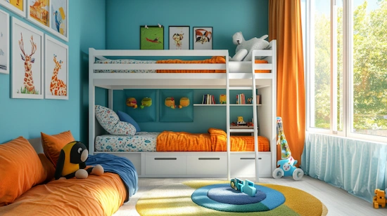 Creative diy twin over full bunk bed in a vibrant kids’ room, with built-in storage, shelves, orange bedding, and cheerful decor.