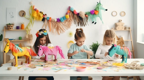 vKids creating colorful DIY horse crafts using everyday materials like paper, cardboard, and paint in a bright and cheerful craft room.