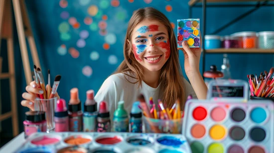 Smiling teen girl holding a colorful face paint kit surrounded by top-rated products and brushes, showcasing face paint ideas for teens.