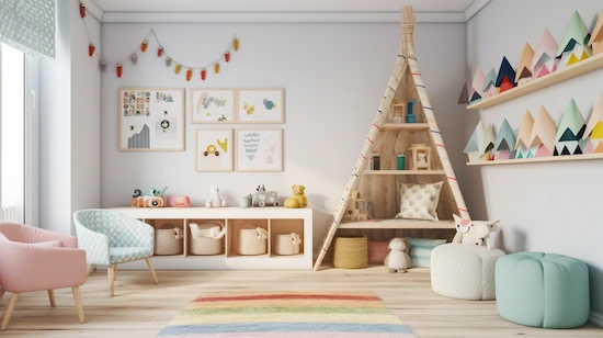 Colorful small playroom with wall-mounted corner shelves shaped like trees, showcasing toys and decor, next to a teepee-style wooden shelf and soft seating.

