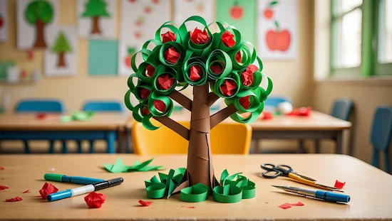 Paper loop apple tree craft using green loops for leaves and red tissue apples, a creative apple crafts for preschoolers classroom project.