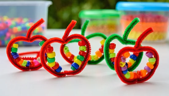 Fine motor apple crafts for preschoolers using red and green pipe cleaners shaped like apples, decorated with colorful pony beads.