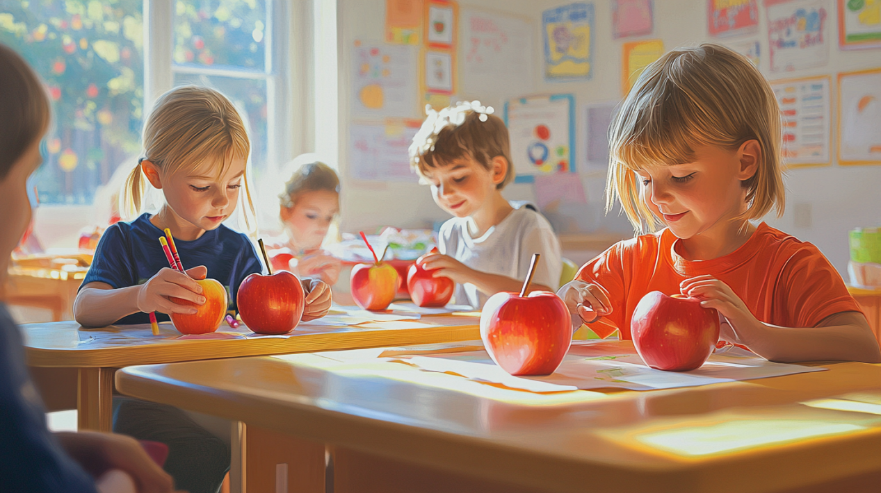 Educational apple crafts for preschool classrooms – children using real apples in classroom crafting activity
