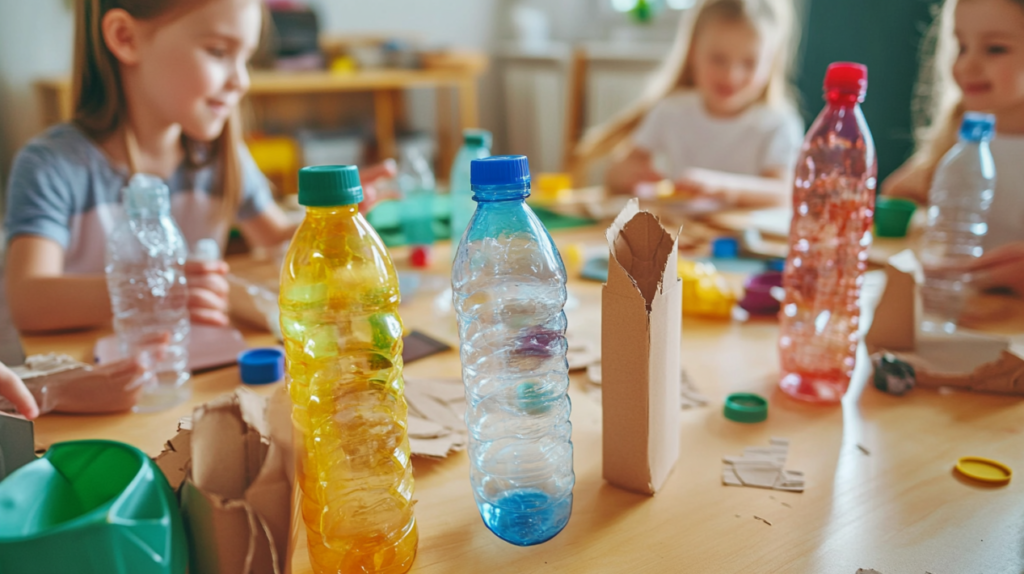 Easy upcycling crafts for preschoolers – kids crafting with plastic bottles and cardboard