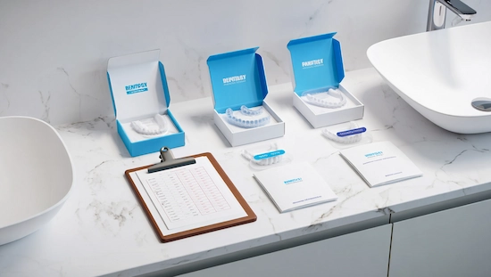 Multiple at-home aligner kits with open boxes, instruction booklets, and a checklist arranged on a bathroom counter, illustrating how to choose the right aligner kit.