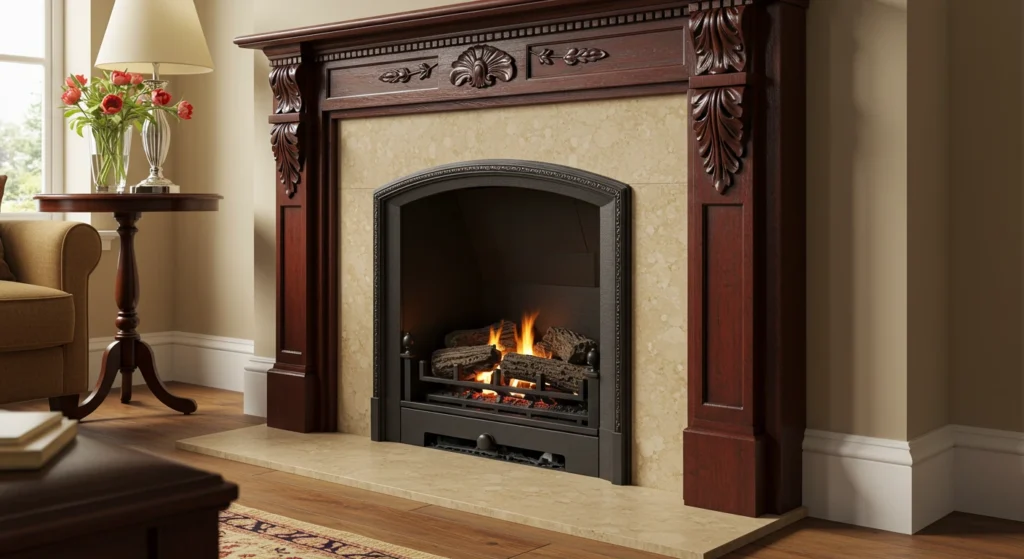 DIY built in fireplace frame made from 2x4 lumber being assembled against a living room wall.
