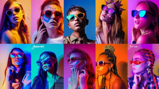 Infographic showing face paint ideas for teens with ten colorful designs, including galaxy swirls and neon starbursts.