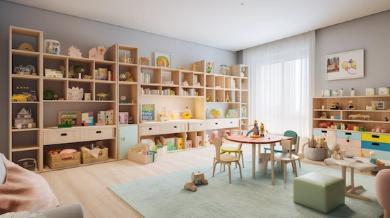 Children’s playroom with large modular cubby storage systems filled with toys, books, and baskets, featuring colorful drawers and a bright, organized layout.

