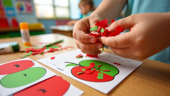 Child’s hands gluing ripped red and green paper pieces onto an apple craft template, apple crafts for preschoolers printable.
