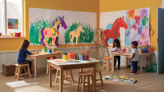 Children painting vibrant horse art projects in a sunny classroom with colorful posters and art supplies around