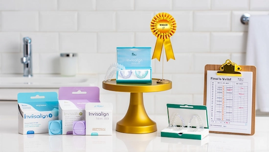 Multiple DIY Invisalign kits on a bathroom counter with one highlighted as the best choice, symbolizing the final verdict for top at-home aligner kit in 2025.