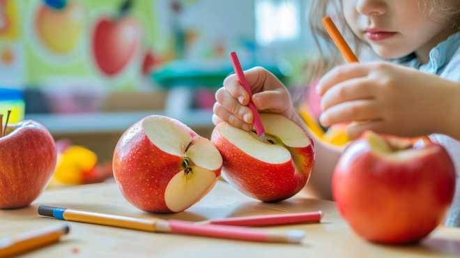 Creative apple art projects that boost motor skills – girl using pencils on sliced apples to build fine motor skills