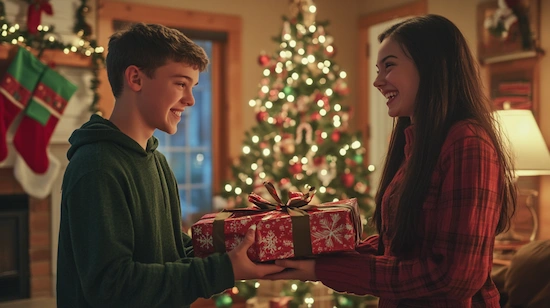 Holiday gift exchange for teens with a boy and girl smiling and exchanging a wrapped present in a cozy living room, Christmas tree and stockings in the background.