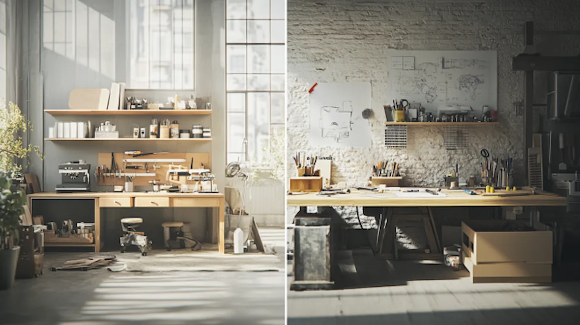 Split-screen comparison of a premium workspace and a DIY workbench, both equipped with tools and materials, highlighting the difference between premium and diy solutions.
