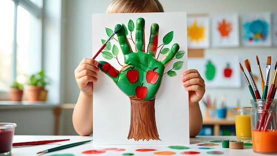 Child displays an apple tree handprint craft, painted green and brown, with red apples, perfect for apple crafts for preschoolers.
