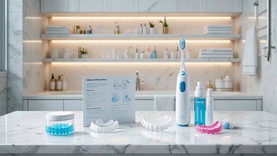 DIY Invisalign aligners, dental cleaning products, and a safety and effectiveness checklist arranged on a modern bathroom counter, highlighting safe and effective at-home dental care.
