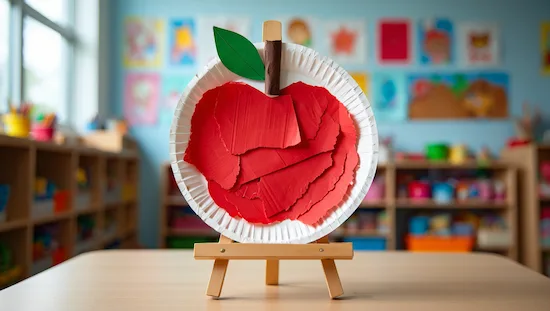 Paper plate apple craft made with torn red paper, brown stem, and green leaf, perfect apple crafts for preschoolers classroom art