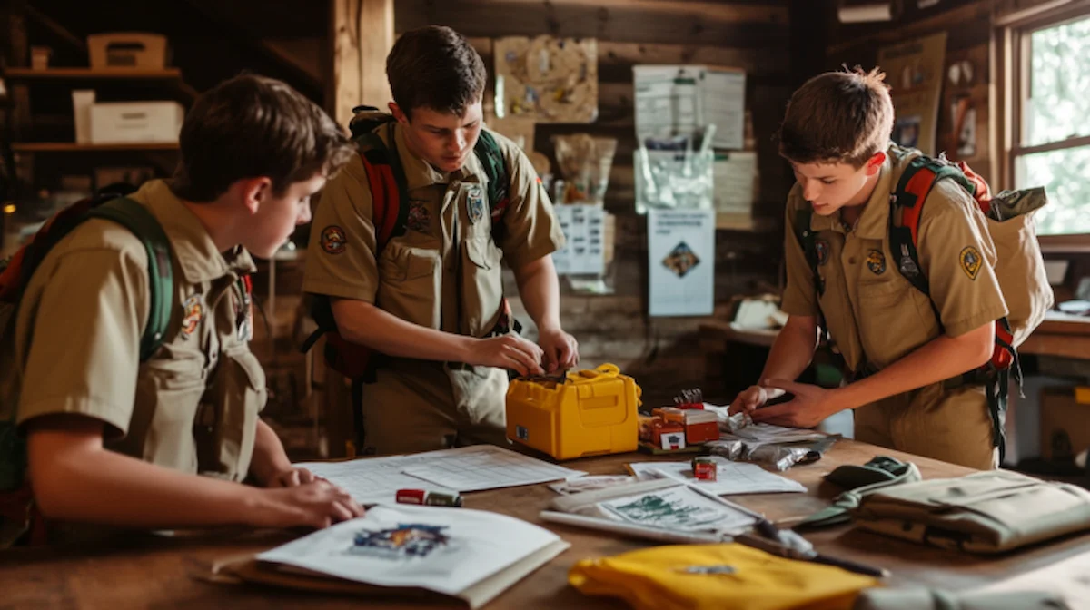 Boy Scouts in uniform completing the emergency preparedness merit badge packet by reviewing worksheets and planning kits together in a classroom setting