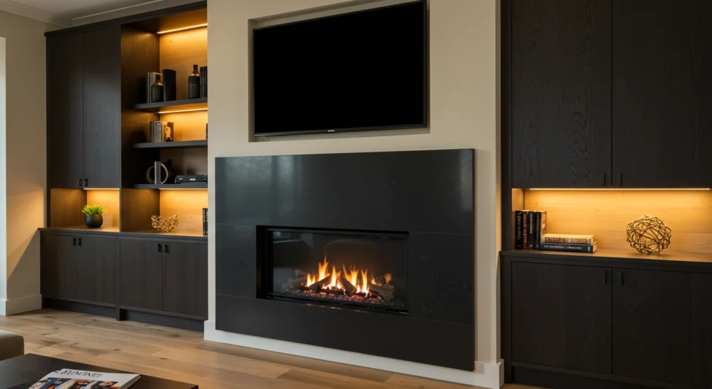 Diy built in fireplace with wall-mounted TV and built-in storage shelves.