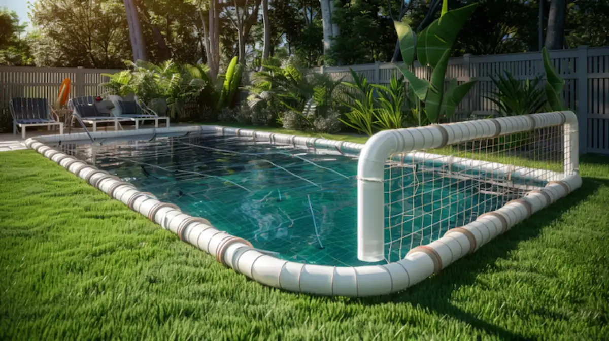 Cheap DIY pool enclosure made from white PVC pipes and mesh netting, surrounding a backyard swimming pool with green grass and tropical plants.