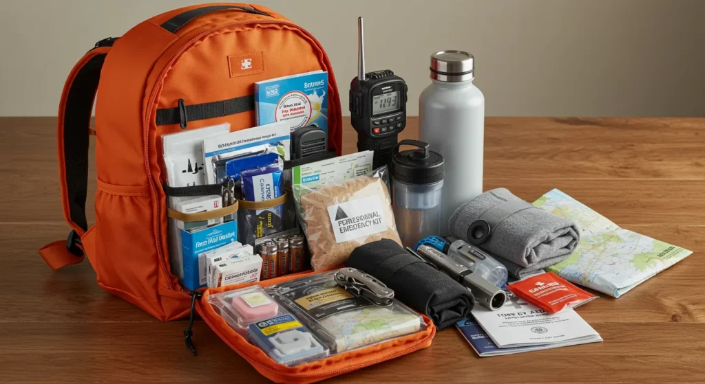 “Personal emergency kit featuring essentials like first aid supplies, flashlight, map, water bottle, and other survival items.”