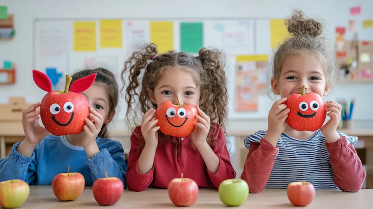 Preschoolers proudly holding completed apple crafts with googly eyes and decorations, smiling at a classroom table, crafts with apples for preschoolers.