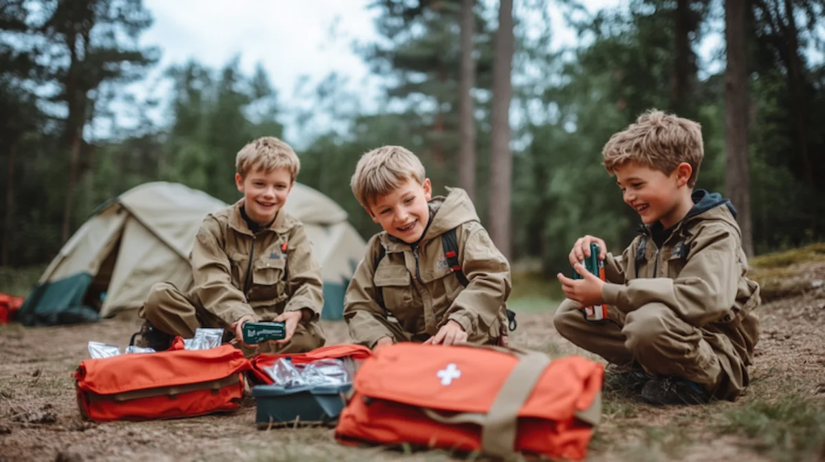 “Cub Scouts practicing emergency drills outdoors with first aid kits, demonstrating teamwork for the Cub Scout Emergency Preparedness Award.