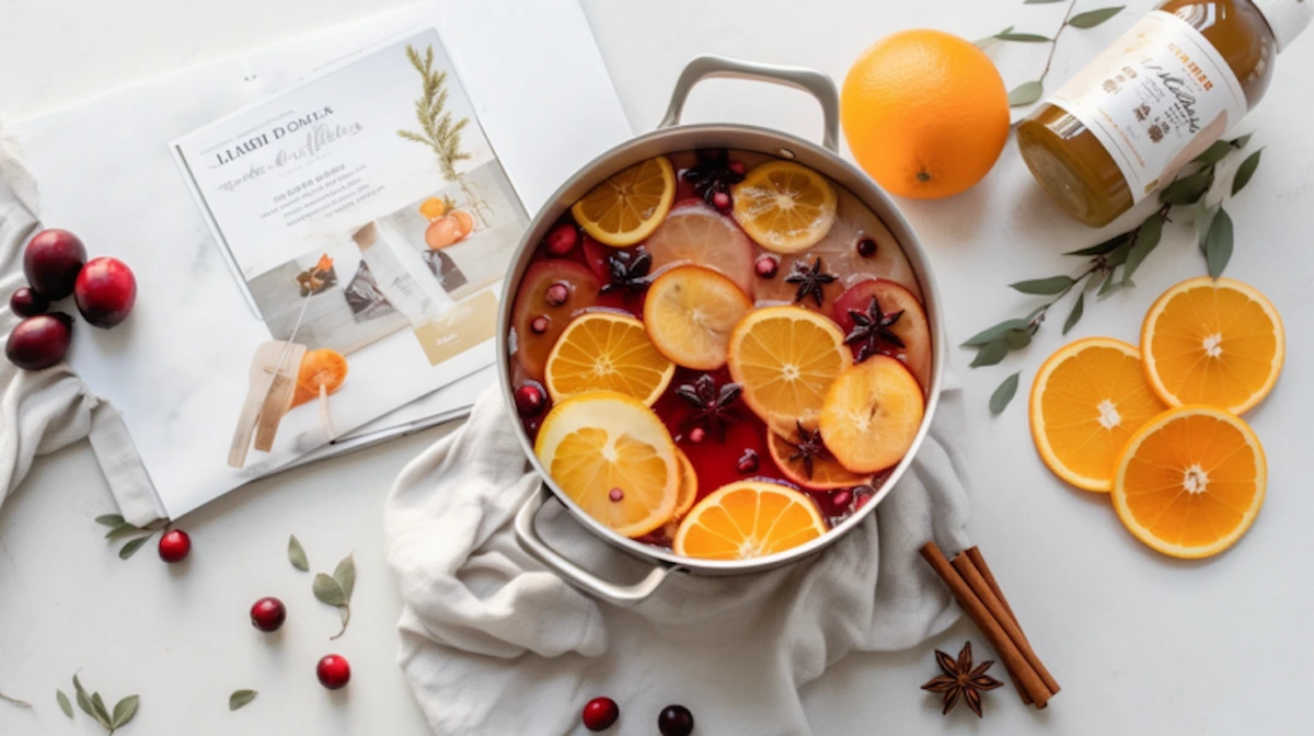 Simmer pot instructions printable next to a pot filled with oranges, cranberries, star anise, and spices—perfect for freshening your home naturally.