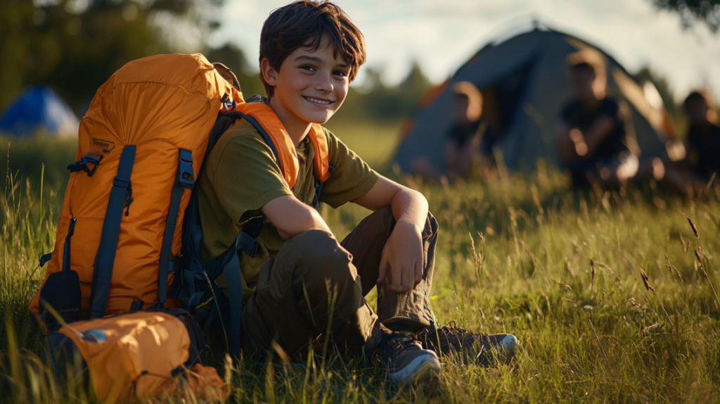 Smiling Scout outdoors with backpack and emergency kit, ready for preparedness training